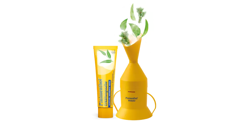 Pinimenthol Inhalator mit Packshot der Pinimenthol Erkältungssalbe
