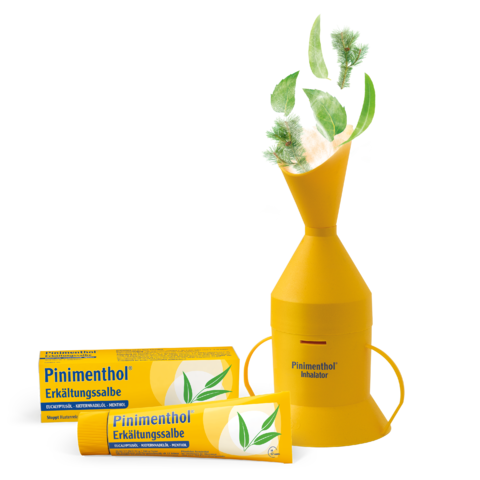 Pinimenthol Inhalator mit Packshots der Pinimenthol Erkältungssalbe