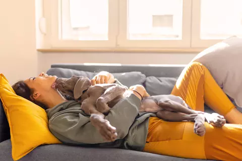 Frau liegt auf dem Sofa mit Hund