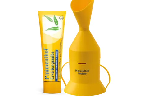 Pinimenthol Inhalator mit Packshot der Pinimenthol Erkältungssalbe