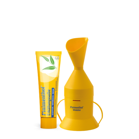 Pinimenthol Inhalator mit Packshot der Pinimenthol Erkältungssalbe