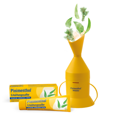 Pinimenthol Inhalator mit Packshots der Pinimenthol Erkältungssalbe