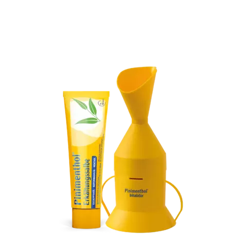 Pinimenthol Inhalator mit Packshot der Pinimenthol Erkältungssalbe